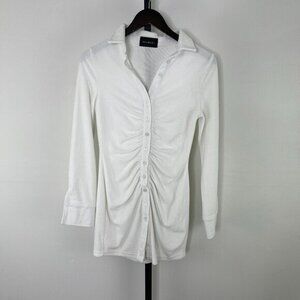 Animari Women's White Solid Ruched Plunge Front Collared Top Blouse Shirt Size S